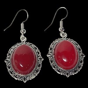 Red Malaysian jade oval gemstone earrings with stainless steel hook